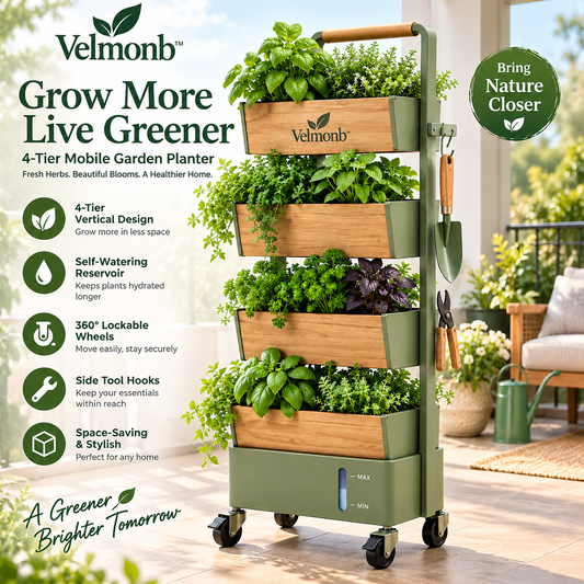 Velmonb™ Rolling 4-Tier Vertical Herb Planter with Water Reservoir & Locking Wheels