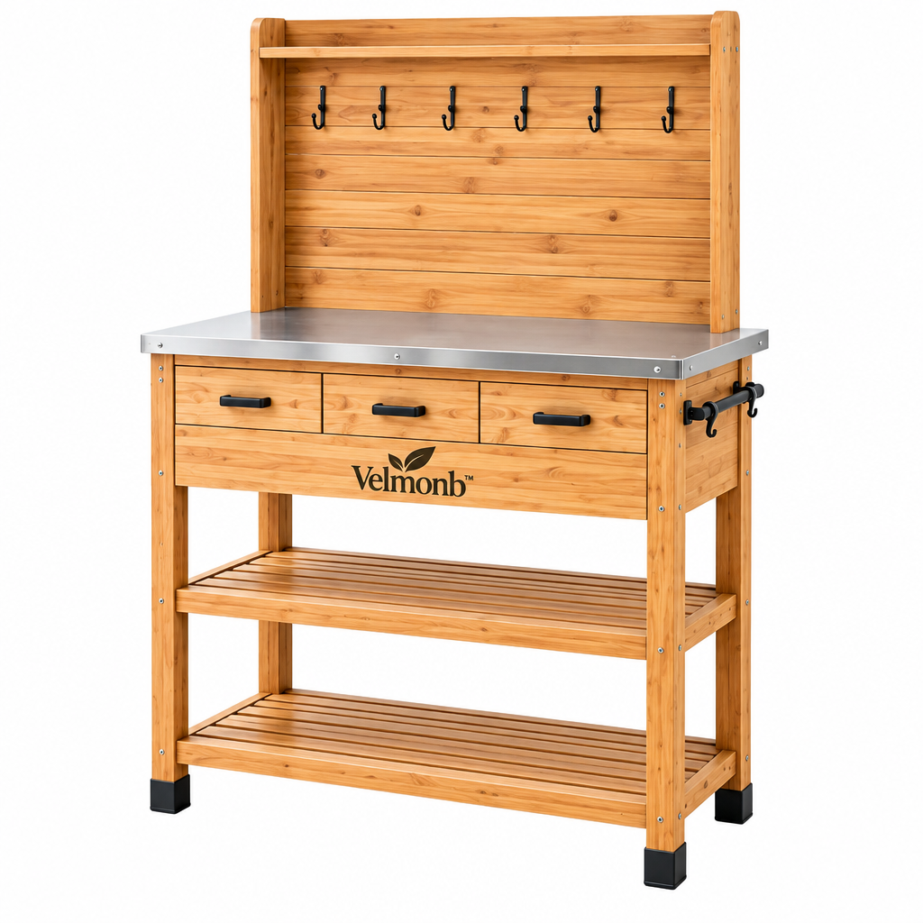 Velmonb™ Potting Bench Workstation | Outdoor Garden Work Table with Metal Top, Drawers, Tool Hooks & Storage Shelves