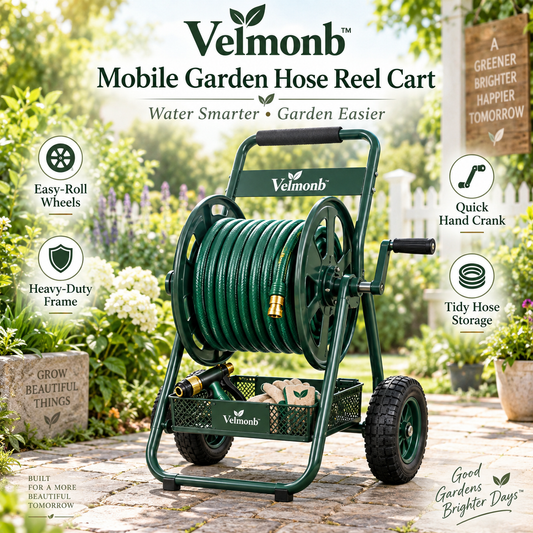 Velmonb™ Mobile Garden Hose Reel Cart | Heavy-Duty Rolling Hose Storage with Hand Crank, Wheels & Utility Basket