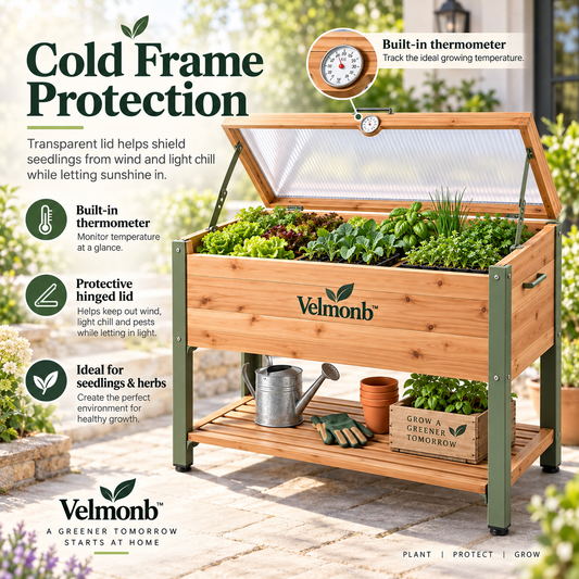 Velmonb™ Elevated Cedar Cold Frame Grow Box with Greenhouse Lid & Thermometer
