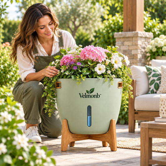 Velmonb™ Self-Watering Patio Bloom Pot with Water-Level Window & Wooden Stand