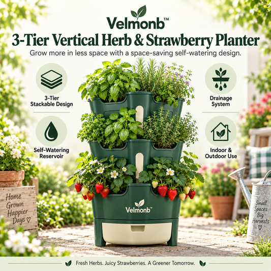 Velmonb™ 3-Tier Vertical Herb & Strawberry Planter | Stackable Self-Watering Garden Tower for Indoor & Outdoor Growing