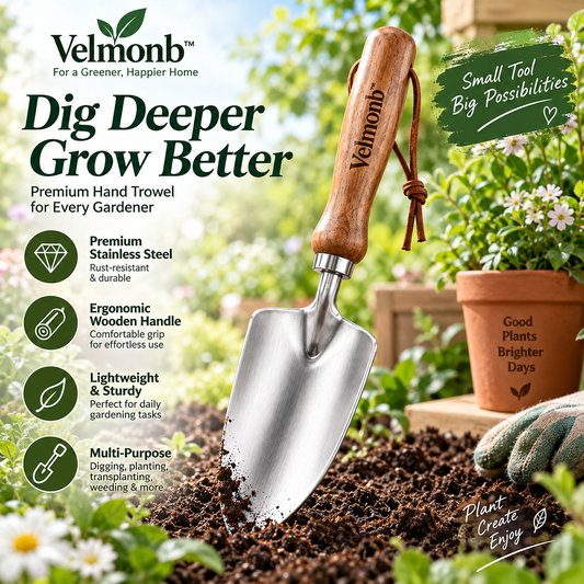 Velmonb™ Gardener’s Lifetime Trowel – Heat-Treated Steel Hand Trowel with Soil Depth Markings & Ergonomic Wood Handle