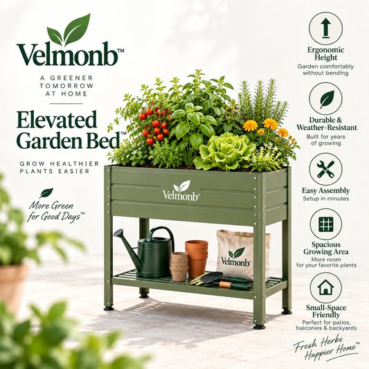 Velmonb™ Elevated Garden Bed with Storage Shelf | Raised Metal Planter for Vegetables, Herbs & Flowers