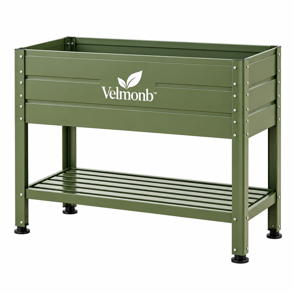 Velmonb™ Elevated Garden Bed with Storage Shelf | Raised Metal Planter for Vegetables, Herbs & Flowers