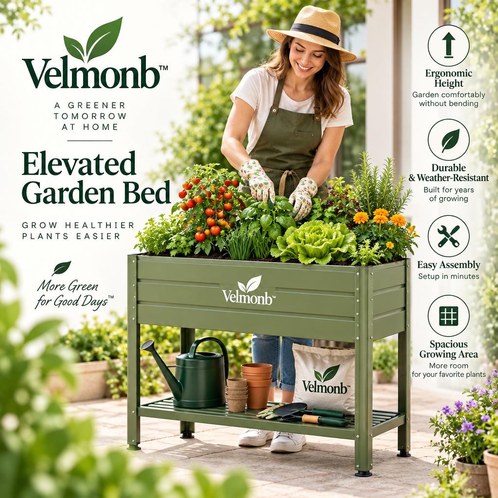 Velmonb™ Elevated Garden Bed with Storage Shelf | Raised Metal Planter for Vegetables, Herbs & Flowers