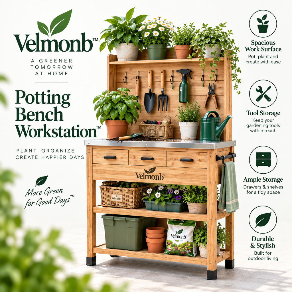 Velmonb™ Potting Bench Workstation | Outdoor Garden Work Table with Metal Top, Drawers, Tool Hooks & Storage Shelves