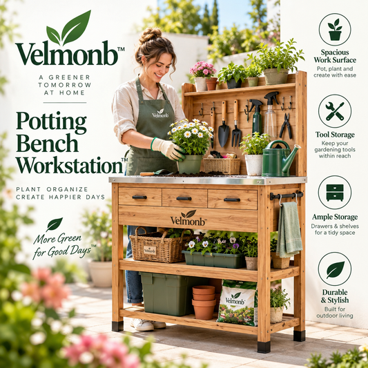 Velmonb™ Potting Bench Workstation | Outdoor Garden Work Table with Metal Top, Drawers, Tool Hooks & Storage Shelves