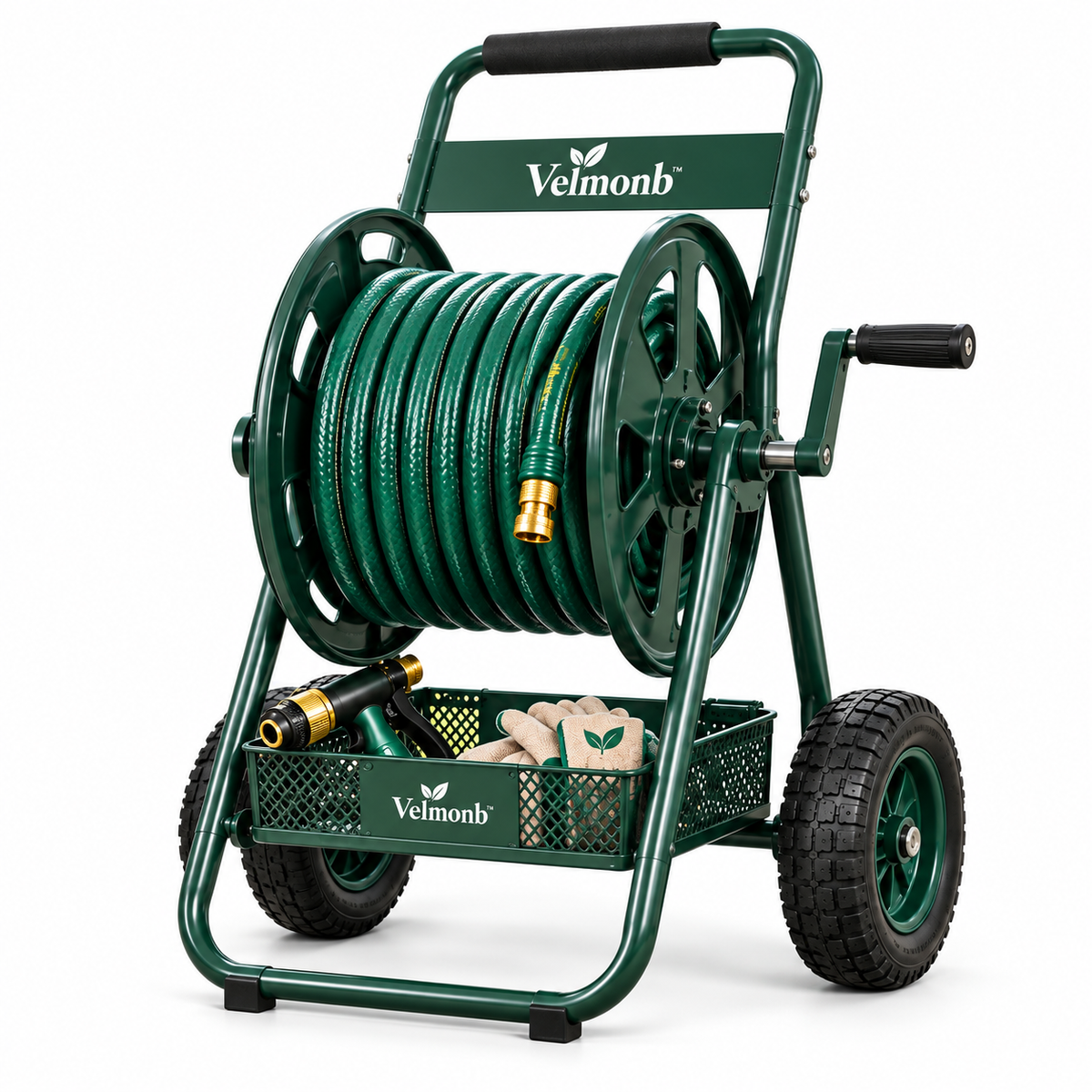 Velmonb™ Mobile Garden Hose Reel Cart | Heavy-Duty Rolling Hose Storage with Hand Crank, Wheels & Utility Basket