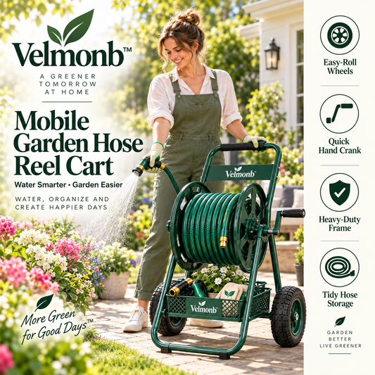 Velmonb™ Mobile Garden Hose Reel Cart | Heavy-Duty Rolling Hose Storage with Hand Crank, Wheels & Utility Basket