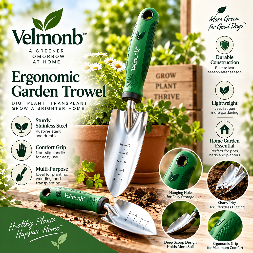 Velmonb™ Ergonomic Garden Trowel | Stainless Steel Hand Shovel with Depth Markings & Comfort Grip