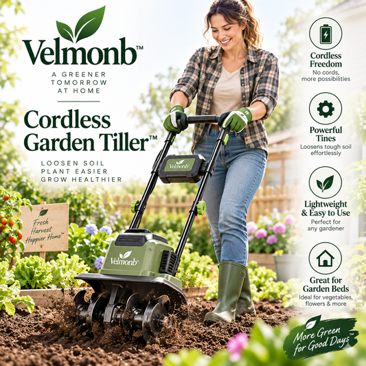Velmonb™ Cordless Garden Tiller & Cultivator – Lightweight Battery-Powered Soil Tiller for Flower Beds & Vegetable Gardens