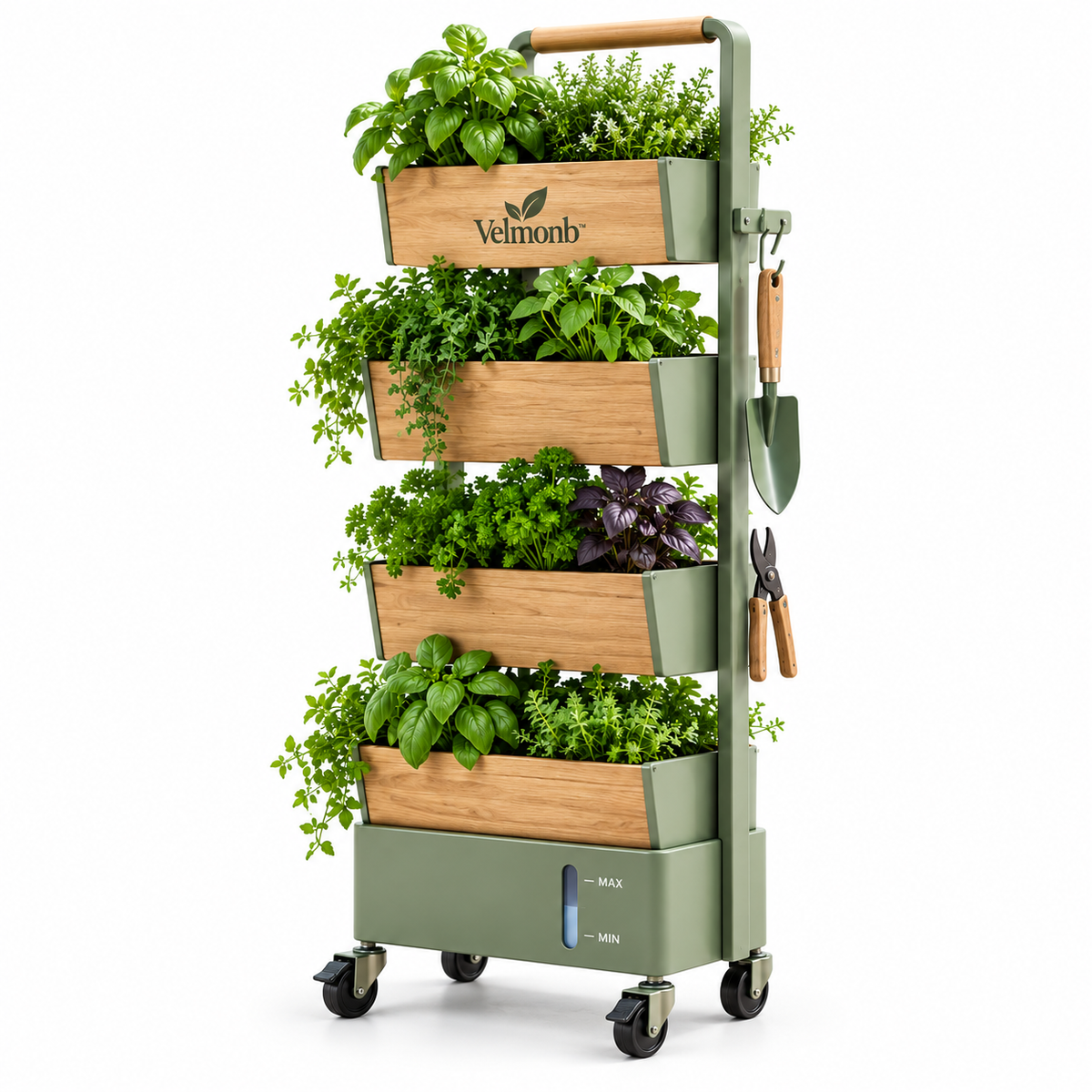Velmonb™ Rolling 4-Tier Vertical Herb Planter with Water Reservoir & Locking Wheels