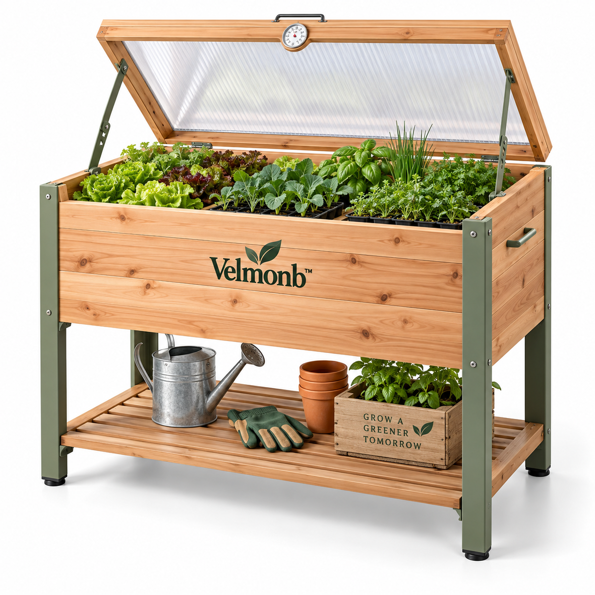 Velmonb™ Elevated Cedar Cold Frame Grow Box with Greenhouse Lid & Thermometer