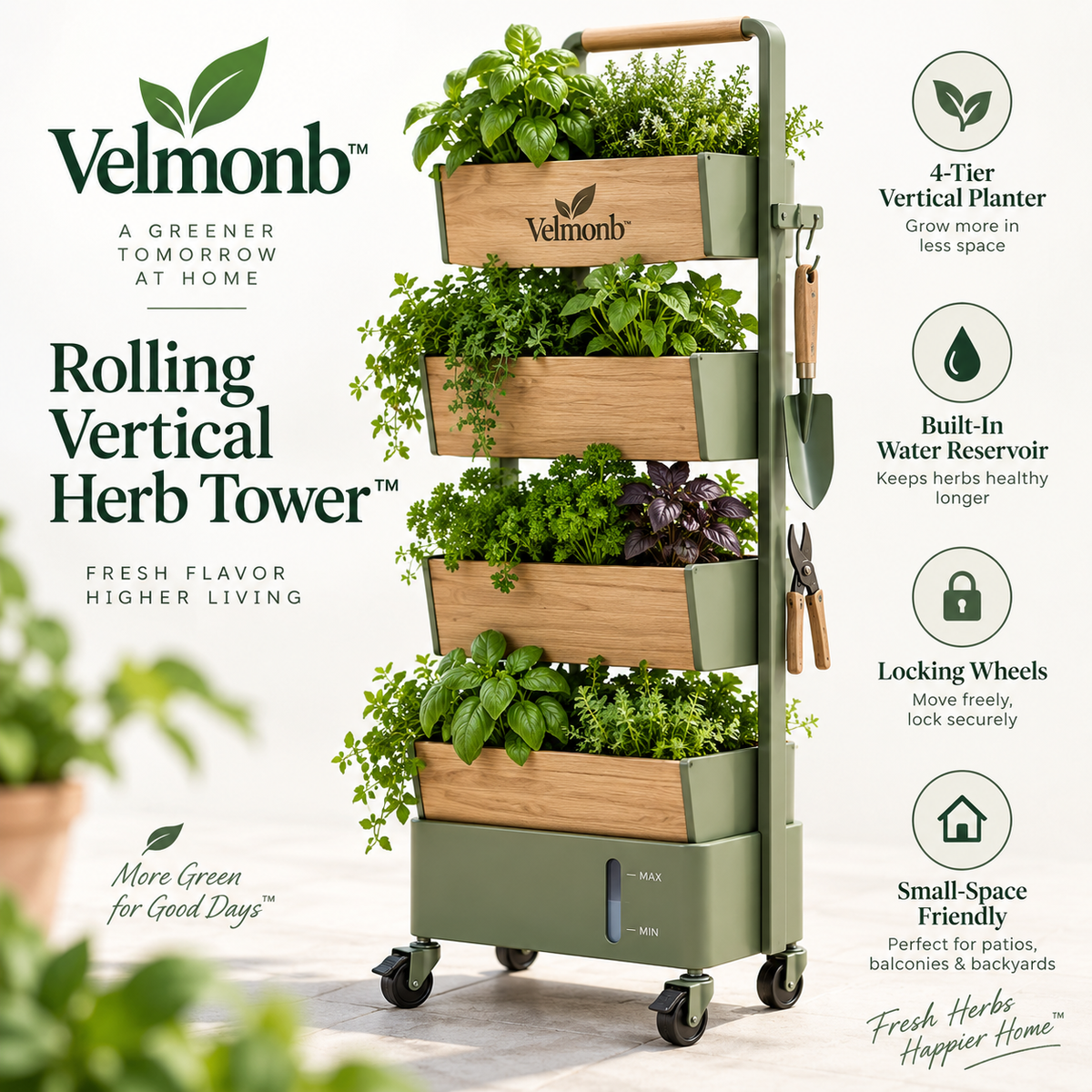 Velmonb™ Rolling 4-Tier Vertical Herb Planter with Water Reservoir & Locking Wheels