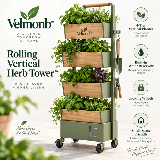 Velmonb™ Rolling 4-Tier Vertical Herb Planter with Water Reservoir & Locking Wheels