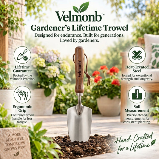 Velmonb™ Gardener’s Lifetime Trowel – Heat-Treated Steel Hand Trowel with Soil Depth Markings & Ergonomic Wood Handle