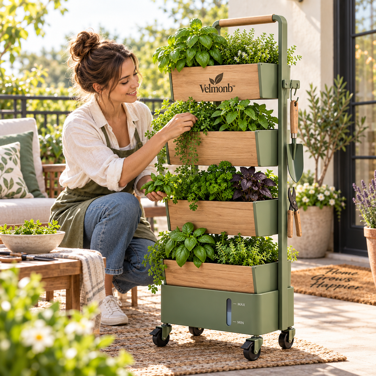 Velmonb™ Rolling 4-Tier Vertical Herb Planter with Water Reservoir & Locking Wheels