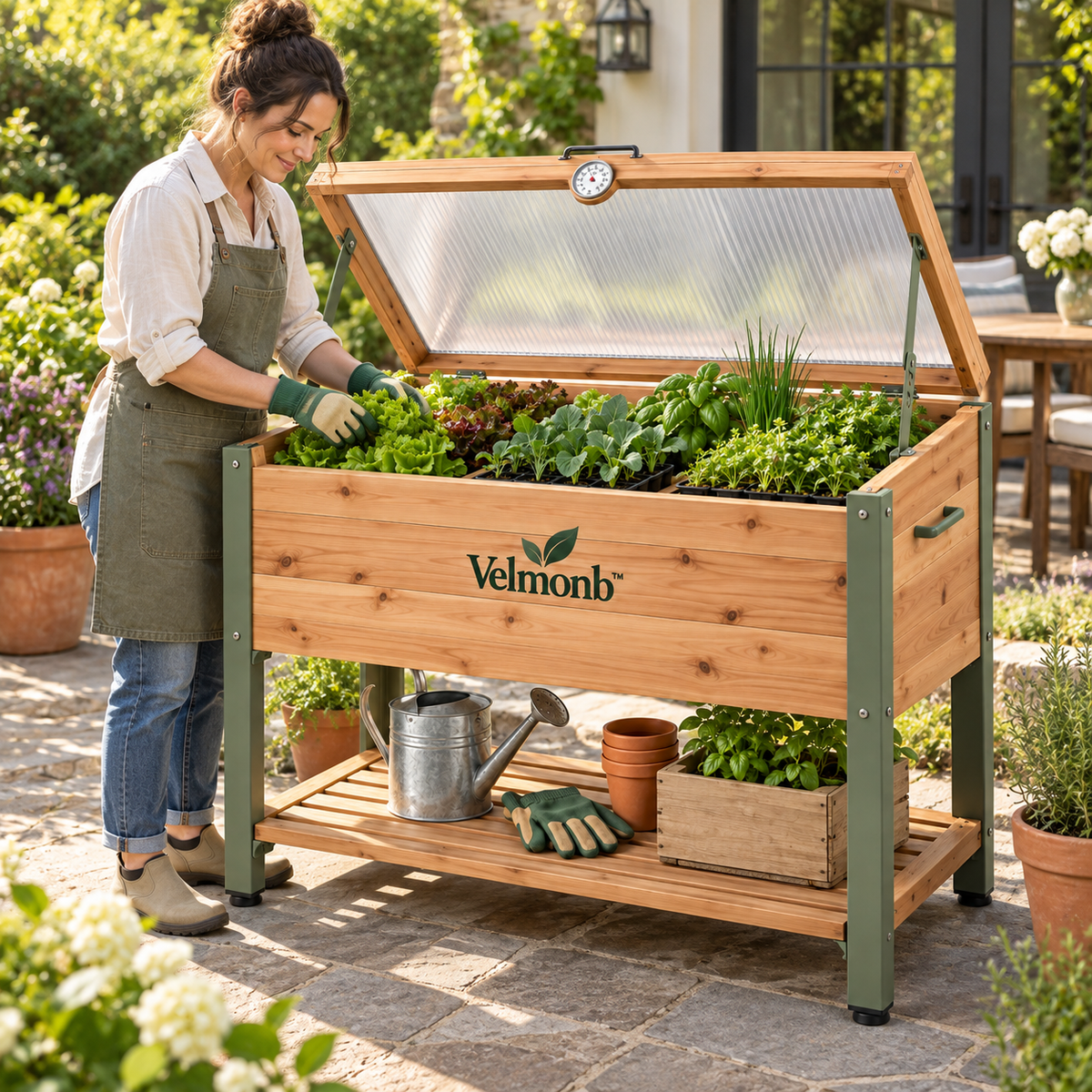 Velmonb™ Elevated Cedar Cold Frame Grow Box with Greenhouse Lid & Thermometer