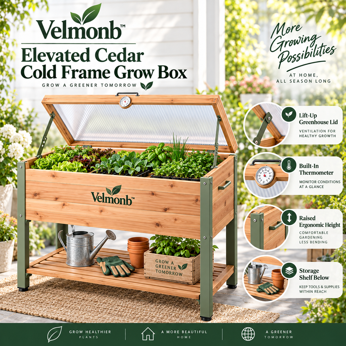 Velmonb™ Elevated Cedar Cold Frame Grow Box with Greenhouse Lid & Thermometer