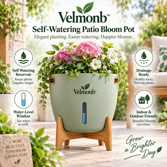 Velmonb™ Self-Watering Patio Bloom Pot with Water-Level Window & Wooden Stand