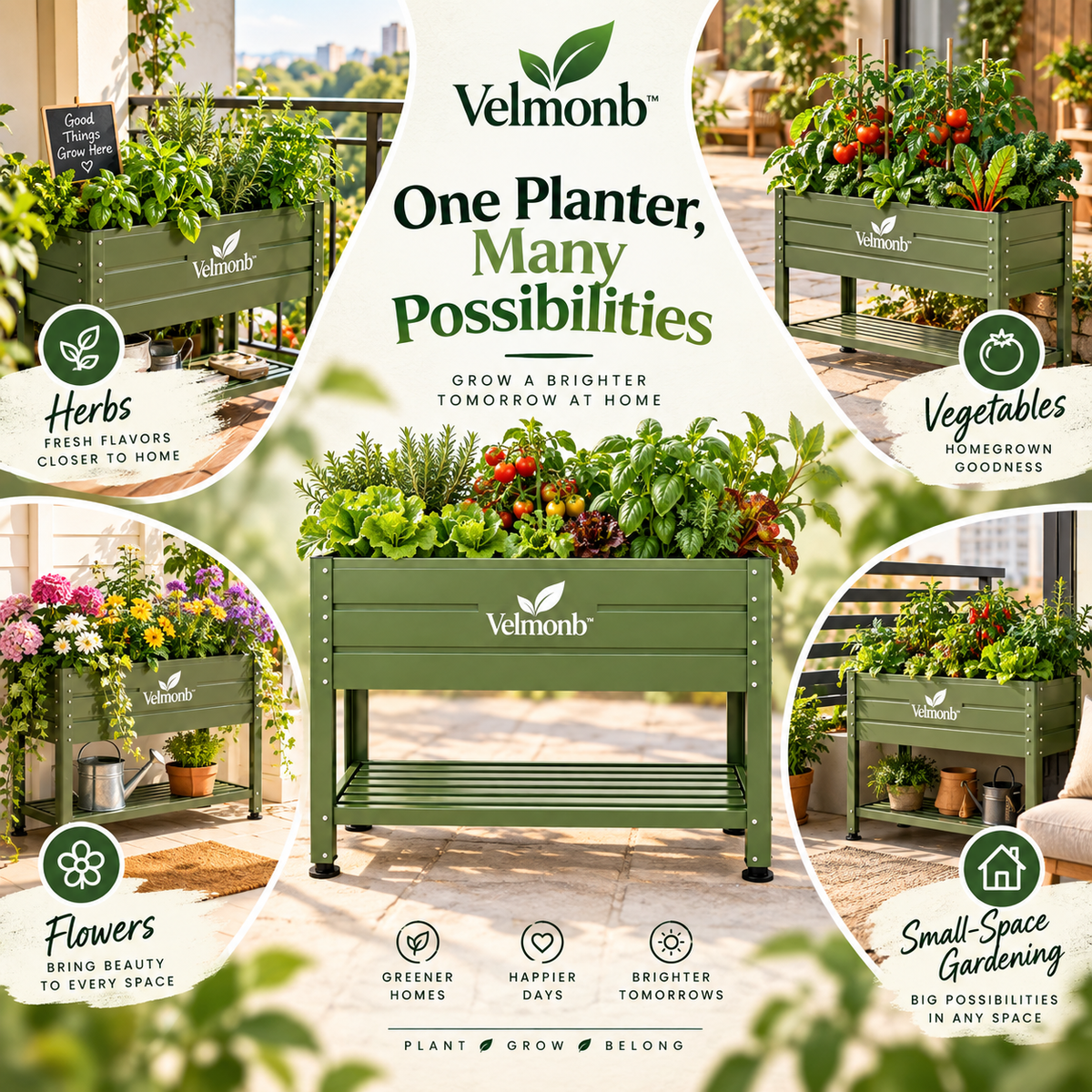 Velmonb™ Elevated Garden Bed with Storage Shelf | Raised Metal Planter for Vegetables, Herbs & Flowers